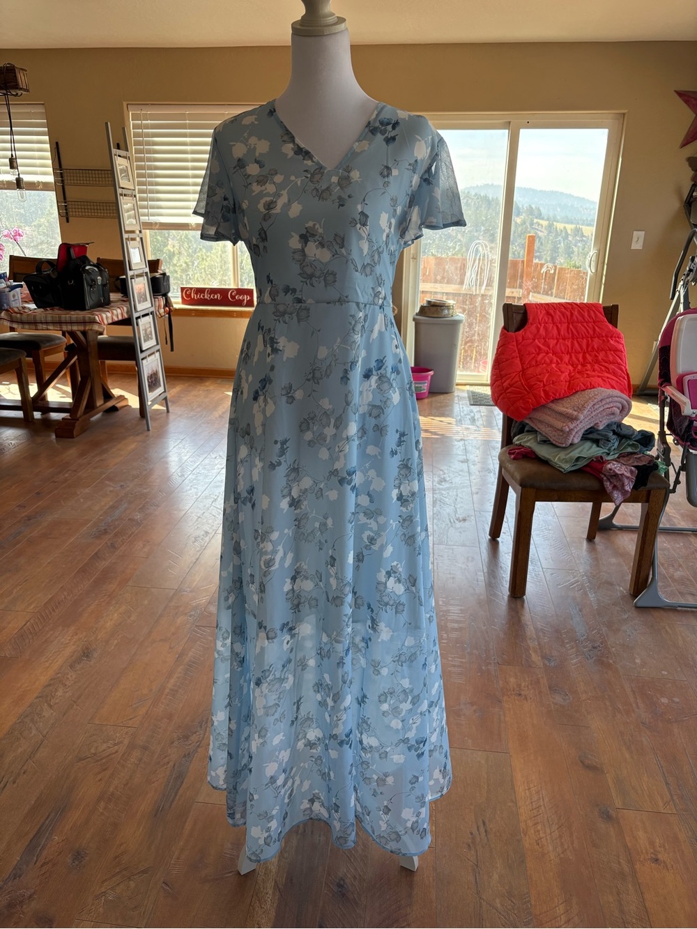 Made with Love Light Blue Floral V-Neck Maxi Dress with Flutter Sleeves